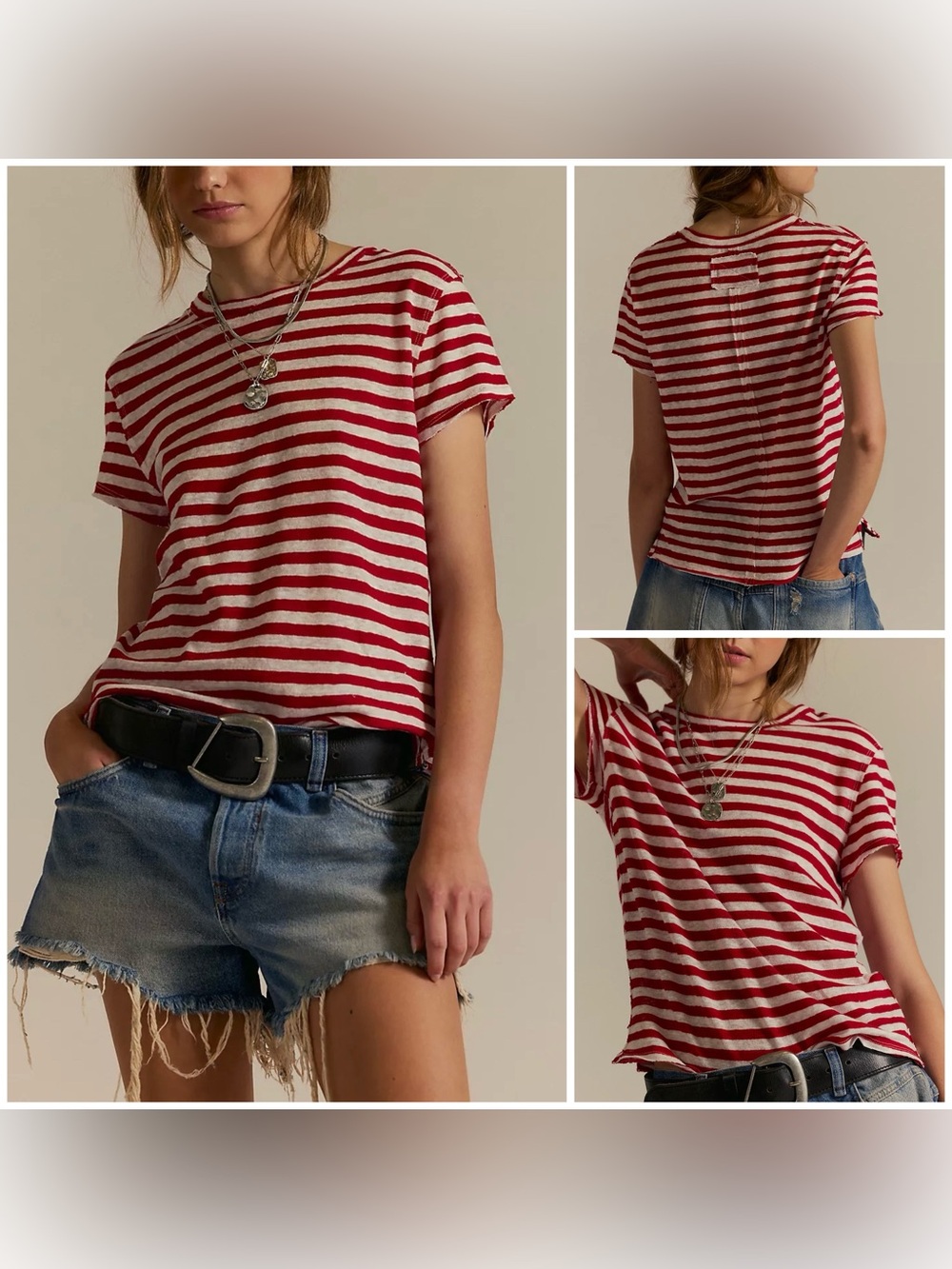 NWT Free People We The Free Nora Striped Linen Tee - Red Combo - XL